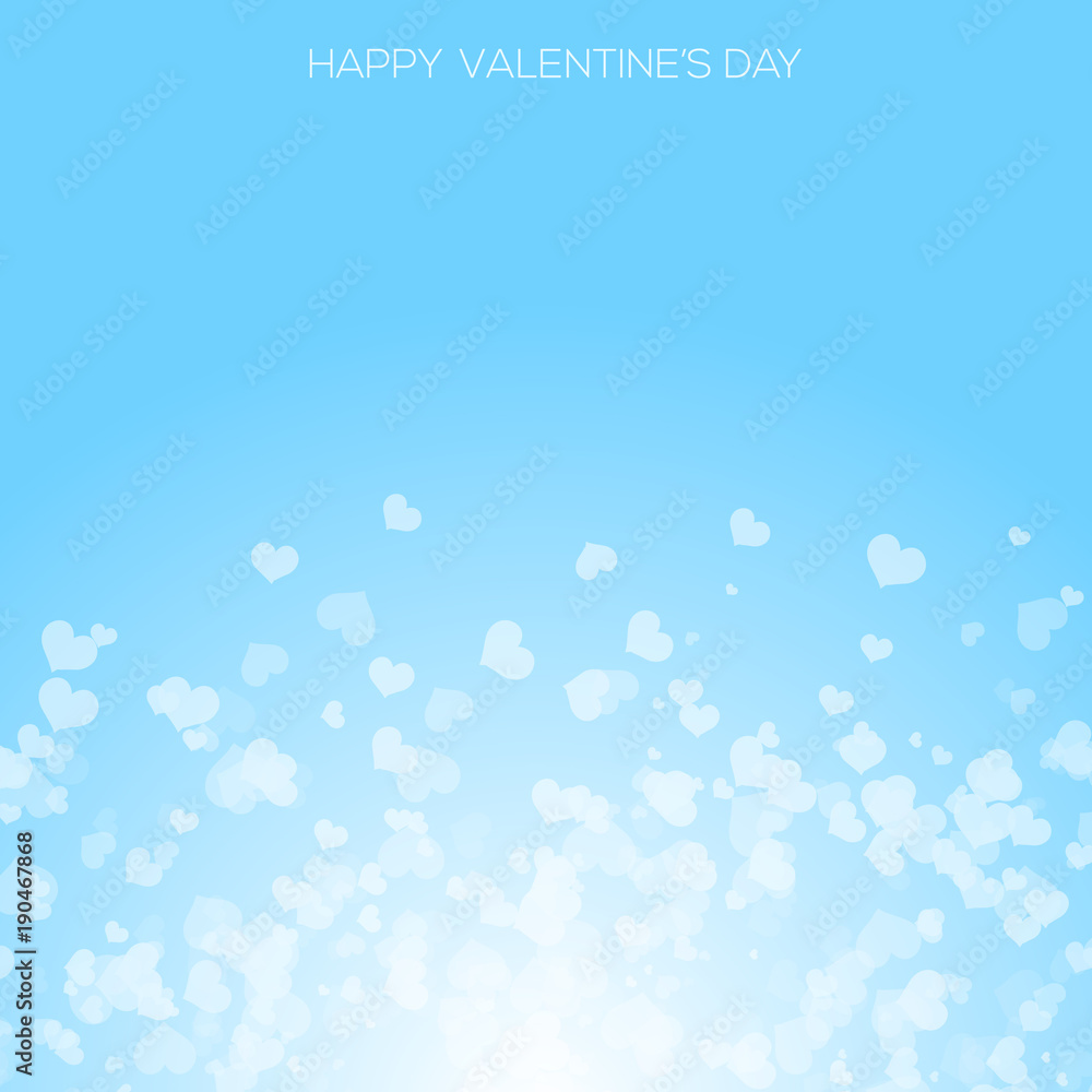 Valentine's day greeting card with falling white hearts on blue. Vector