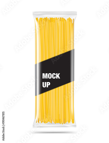 Mockup of pasta pillow bag isolated on white background. Vector illustration.  The mockup is ready to place your design. EPS10.