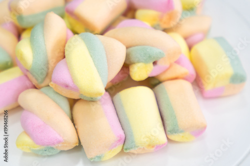 Closed up of colorful pastel marshmallows. Sweet Treats for Valentines