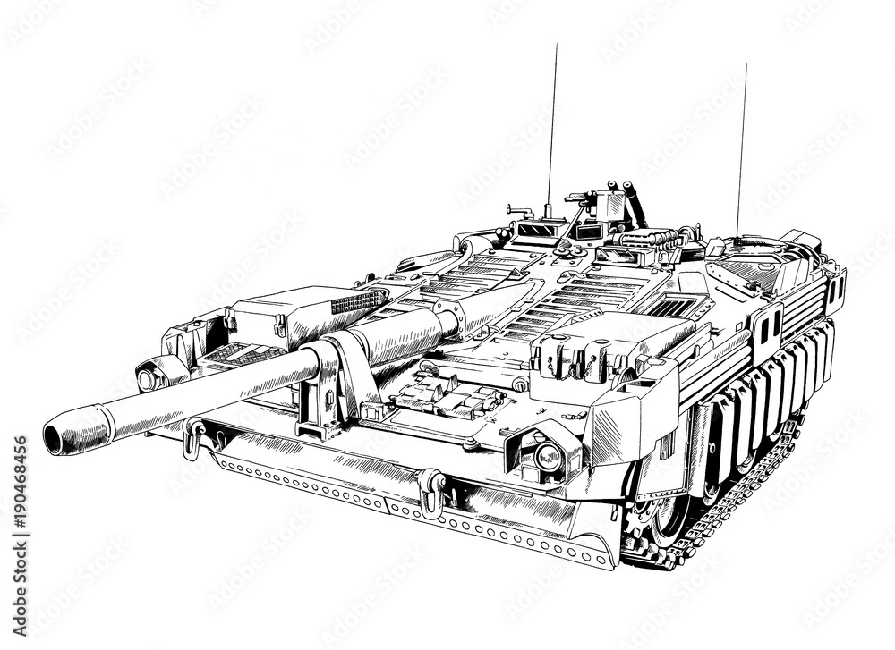 powerful tank with a gun drawn in ink freehand sketch