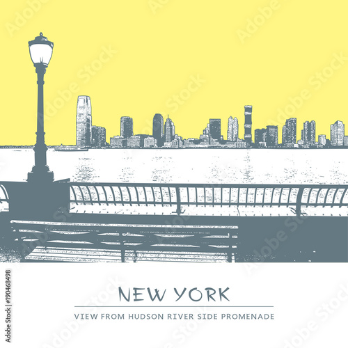 Vector landscape with a park, river side promenade, Jersey City skyline and silhouettes of street lamp. View from Manhattan embankment, New York City, USA. Graphic drawing in engraving style