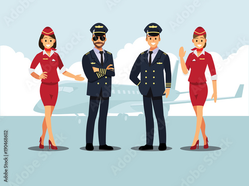 Welcome to travel by plane. Pilot, capitan  , flying attendants  ,air hostess  , Vector illustration cartoon character