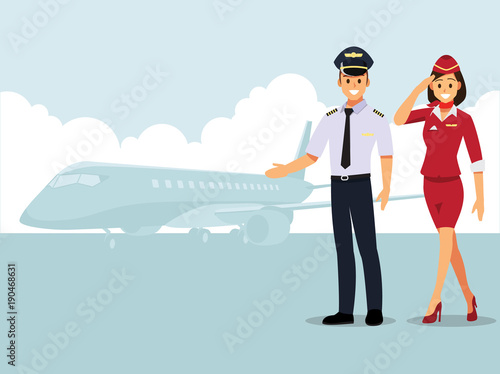 Welcome to travel by plane. Pilot, capitan  , flying attendants  ,air hostess  , Vector illustration cartoon character