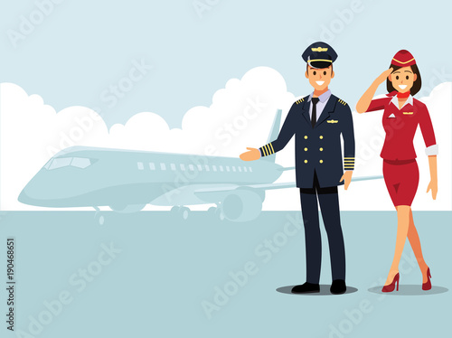 Welcome to travel by plane. Pilot, capitan  , flying attendants  ,air hostess  , Vector illustration cartoon character