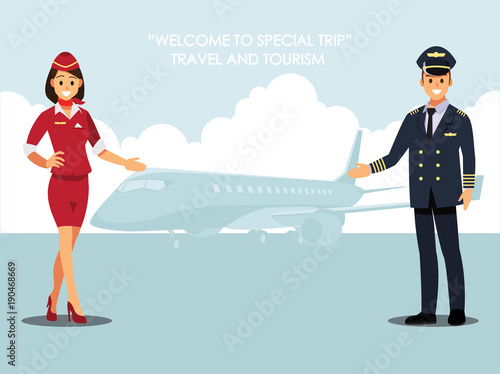 Welcome to travel by plane. Pilot, capitan  , flying attendants  ,air hostess  , Vector illustration cartoon character