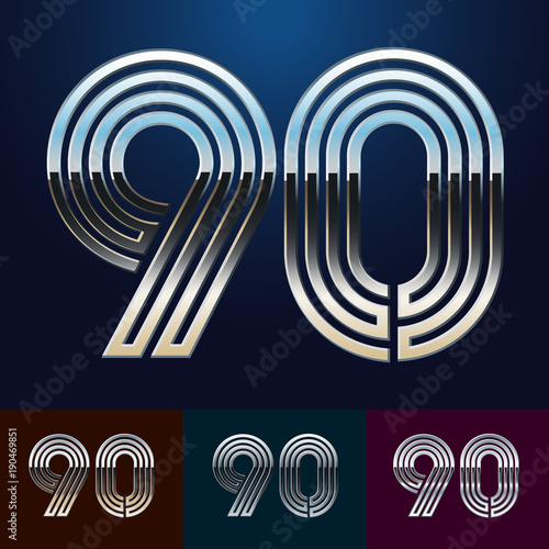 Vector reflective abstract Alphabet set. Different metallic colors. Numbers 9 0