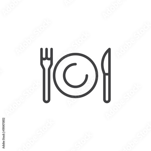 Plate, knife and fork line icon, outline vector sign, linear style pictogram isolated on white. Tableware cutlery symbol, logo illustration. Editable stroke