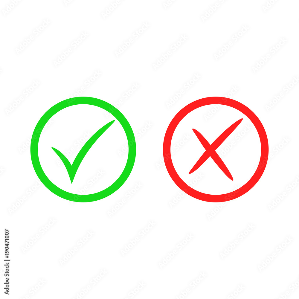 Green check mark icon. Red cross mark. Vector checkmark button. Tick symbol Green check mark icon. Red cross mark. Vector checkmark button. Tick symbol