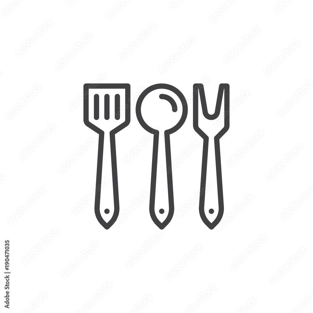 Kitchen cutlery line icon, outline vector sign, linear style pictogram isolated on white. Culinary spatula ladle and fork symbol, logo illustration. Editable stroke Kitchen cutlery line icon, outline vector sign, linear style pictogram isolated on white. Culinary spatula ladle and fork symbol, logo illustration. Editable stroke