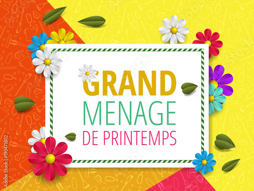 Spring cleaning with set of cleaning supplies and tools pattern. Spring cleaning background. Grand ménage de printemps.