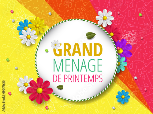 Spring cleaning with set of cleaning supplies and tools pattern. Spring cleaning background. Grand ménage de printemps.