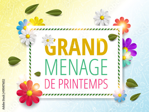 Spring cleaning with set of cleaning supplies and tools pattern. Spring cleaning background. Grand ménage de printemps.