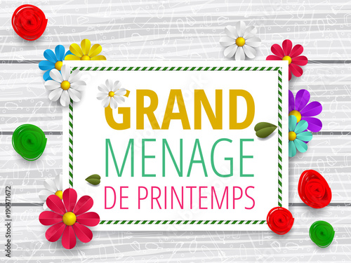 Spring cleaning with set of cleaning supplies and tools pattern. Spring cleaning background. Grand ménage de printemps.