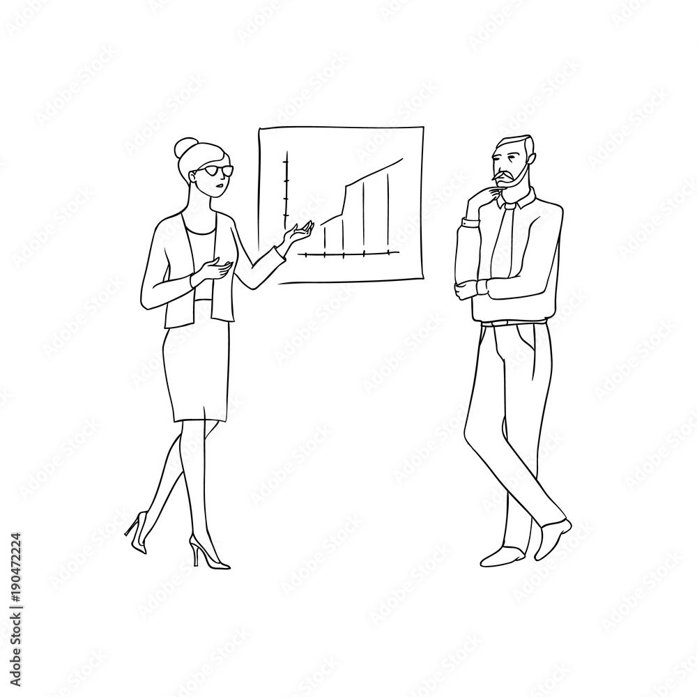 Vector sketch black contour isolated illustration of business people. A woman in a business suit analyzes the chart of the future sales growth and is in discussion with a male employee. Vector sketch black contour isolated illustration of business people. A woman in a business suit analyzes the chart of the future sales growth and is in discussion with a male employee.