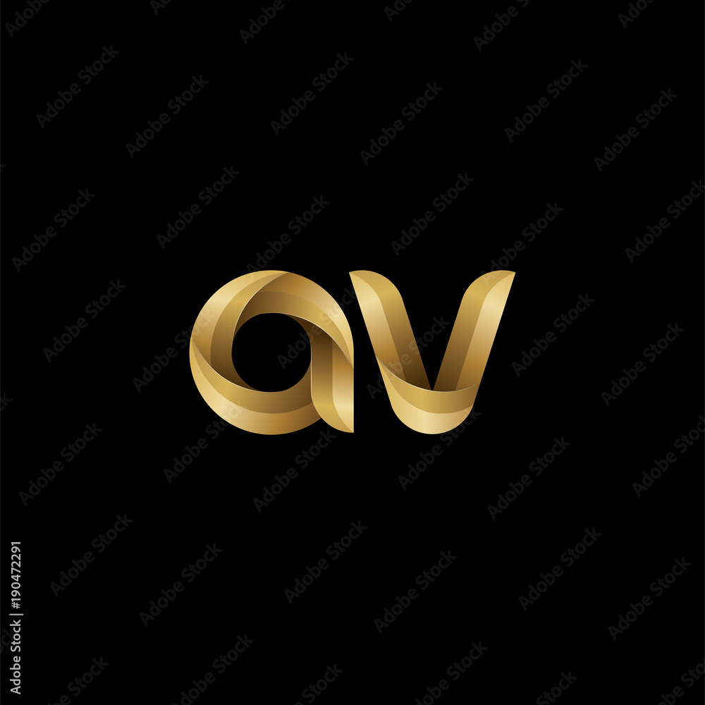 Initial lowercase letter av, swirl curve rounded logo, elegant golden color on black background Initial lowercase letter av, swirl curve rounded logo, elegant golden color on black background