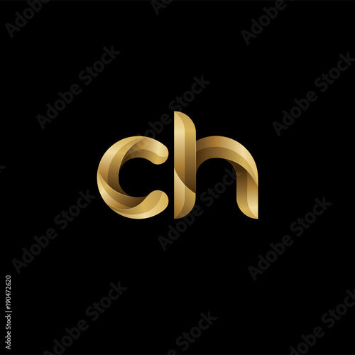 Initial lowercase letter ch, swirl curve rounded logo, elegant golden color on black background