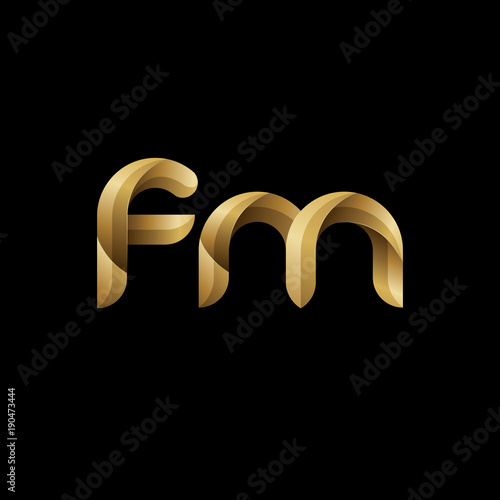 Initial lowercase letter fm, swirl curve rounded logo, elegant golden color on black background