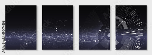 Minimal brochure templates. Abstract digital texture on dark background. Technology sci-fi concept, abstract vector design. Templates for flyer, leaflet, brochure, report, presentation, advertising