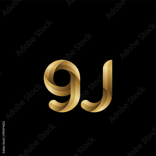 Initial lowercase letter gj, swirl curve rounded logo, elegant golden color on black background