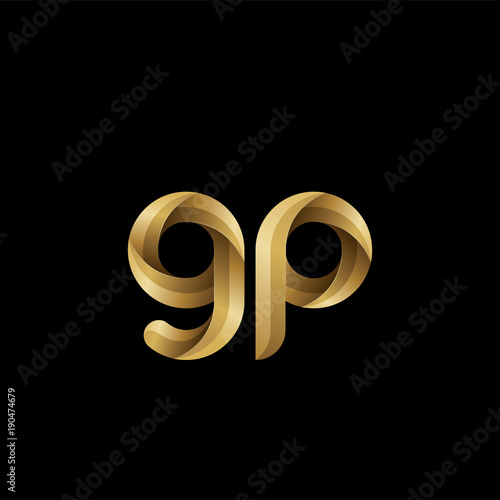 Initial lowercase letter gp, swirl curve rounded logo, elegant golden color on black background