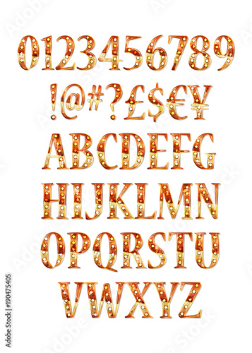 Font lamp symbol, gold letter and numbers set.