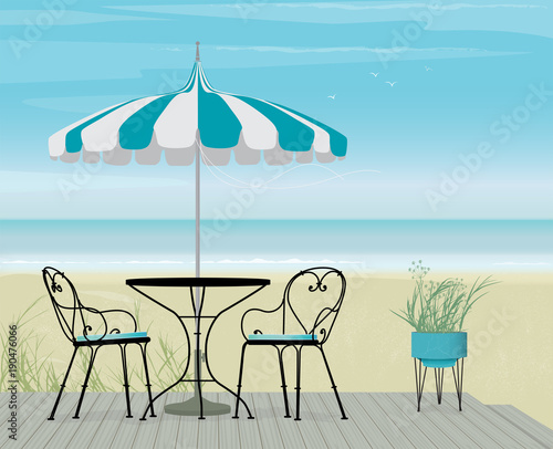 Summer Scene Bistro Table and Pagoda Patio Umbrella on a breezy day at the beach. Boardwalk, sand and sea with flock of birds. Easy edit layered file.