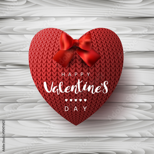 Template square festive wooden boards background. A knitted red heart and a bow, Garland. The inscription is lettering "Happy Valentine's Day". Vector.
