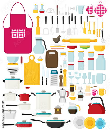 Kitchen utensils set flat vector. Kitchenware, cookware, kitchen tools collection. Modern flat icons set.