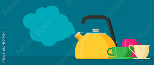 Flat vector kettle with mugs