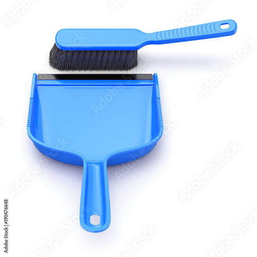 Dustpan with brush set on white background photo