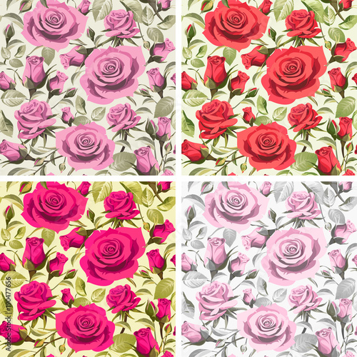 Seamless floral patterns with roses on a light backgrounds.