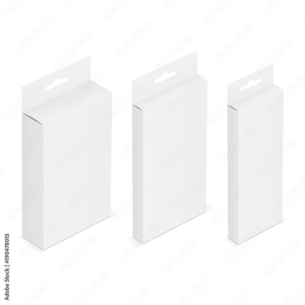 Set of white blank boxes with hanging tab. Isometric packaging mockups. Vector illustration Set of white blank boxes with hanging tab. Isometric packaging mockups. Vector illustration