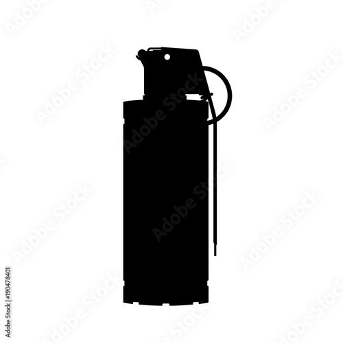 Hand flash grenade of special forces. Black silhouette of anti-terrorist ammunition. Police explosive. Weapon icon. Military object. Vector illustration