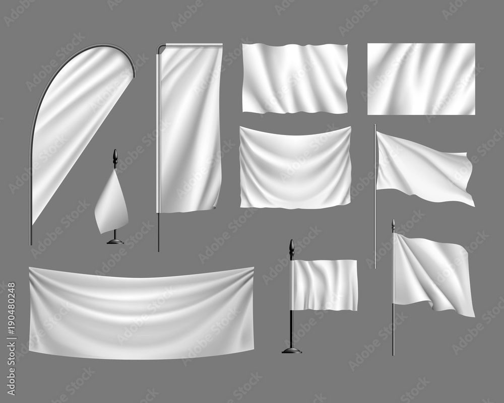 Flags vector mockup. Set white flags, banners, streamers on gray ...