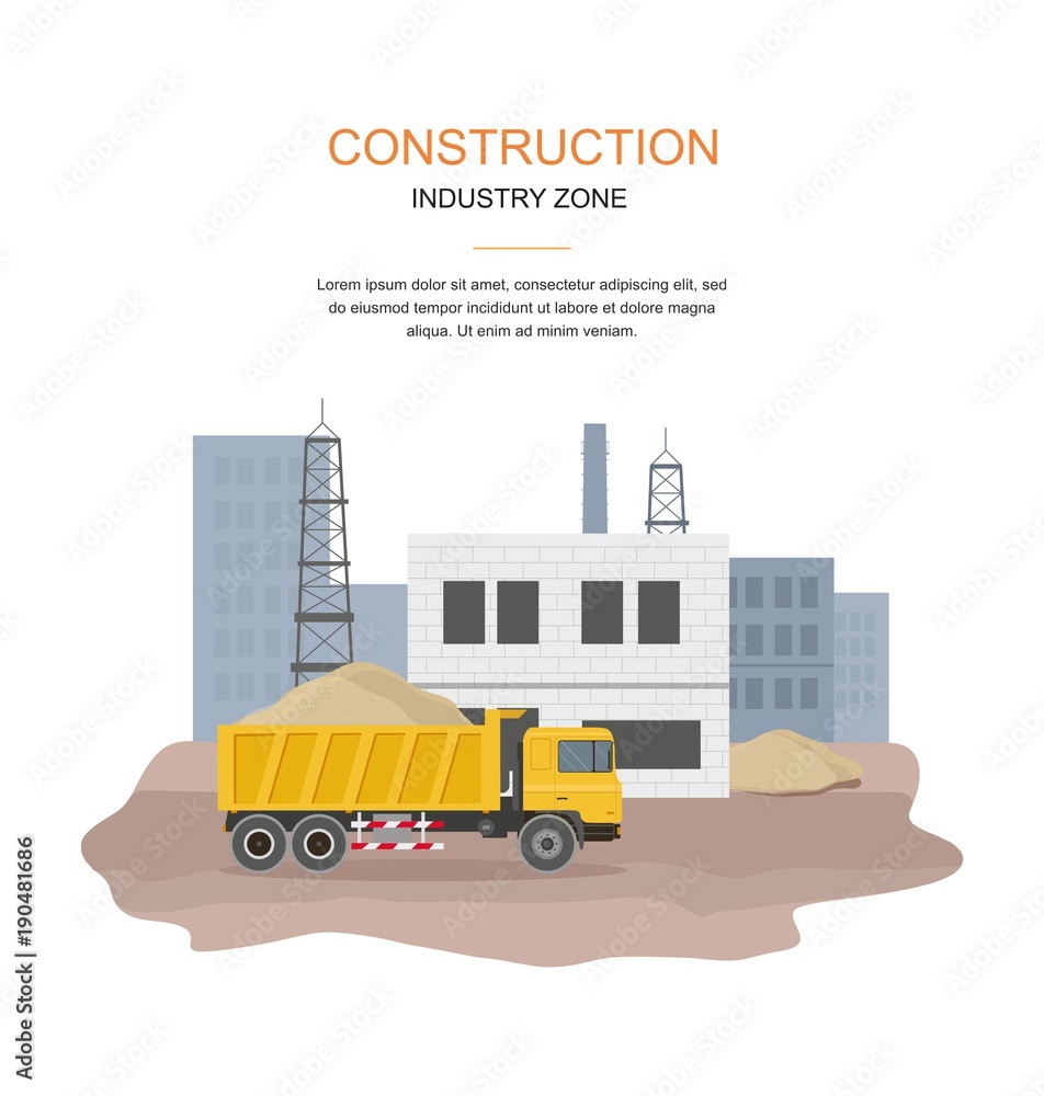 Building factory industry zone. Construction specialized transport and lorry