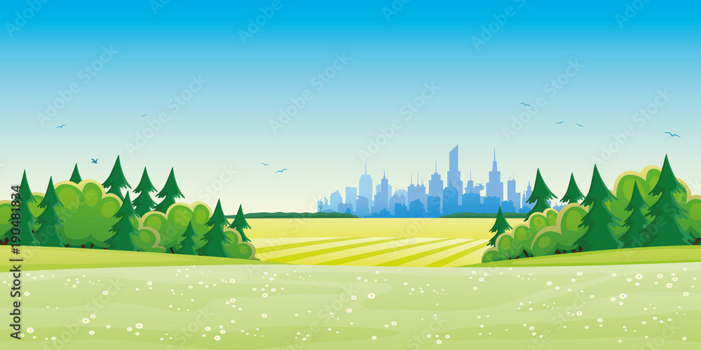 Fototapeta premium Beautiful summer landscape and city on the horizon.