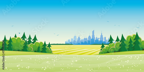 Beautiful summer landscape and city on the horizon.