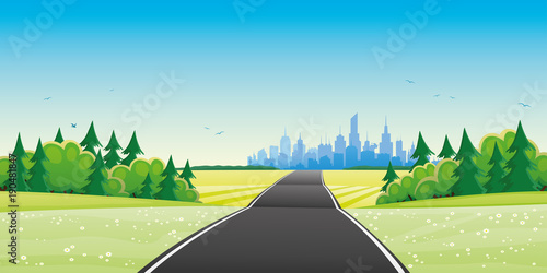 Road to the city and beautiful summer nature.