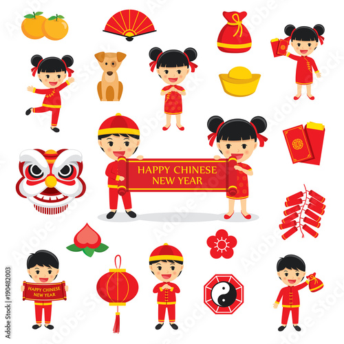 Happy chinese new year decoration traditional symbols set with characters and icons elements isolated on white background.