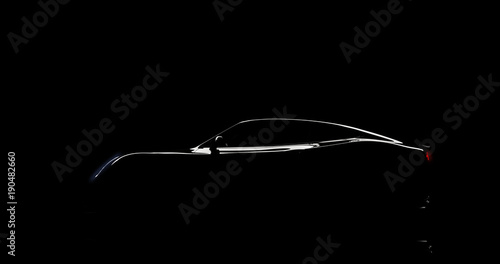 Fotografie silhouette of black sports car on black background, photorealistic 3d render, ge