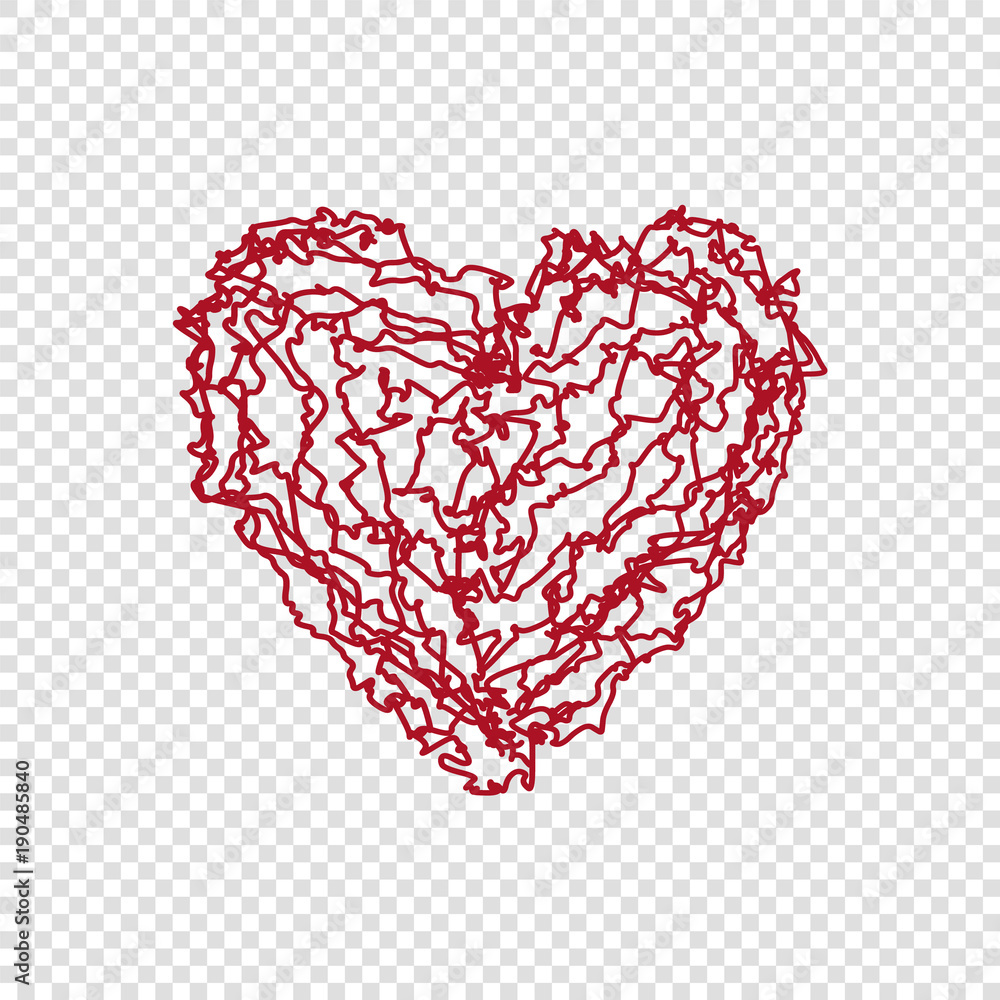 Hand drawn doodle heart on transparent background, happy valentines day, red vector illustration. Cute love wallpaper. Abstract design, romantic holiday decoration