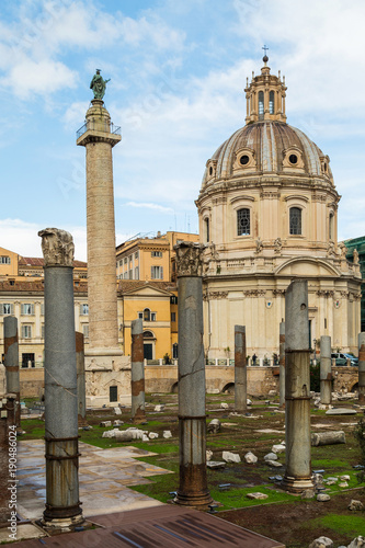 The Church of the Most Holy Name of Mary at the Trajan Forum and Trajan's Column, a Roman triumphal column in Rome, Italy, that commemorates Roman emperor Trajan's victory in the Dacian Wars.
