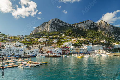 Beautiful landscape of Capri Island, Italy on a sunny day. View on the bay and Marina Grande harbor