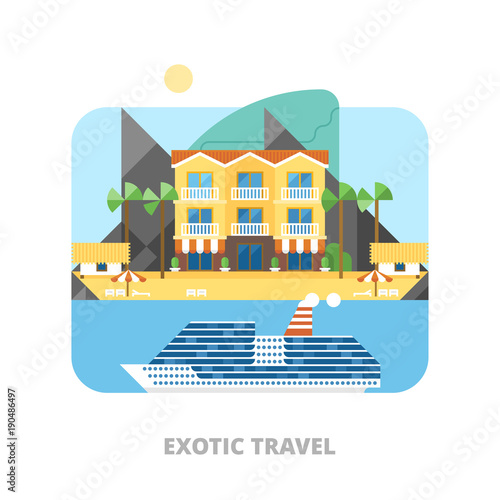 Beach summer landscape. Best hotel building on island, best choise. Cruise on liner. Vacation, relaxation, ocean, sun, palms. Vector flat illustration.