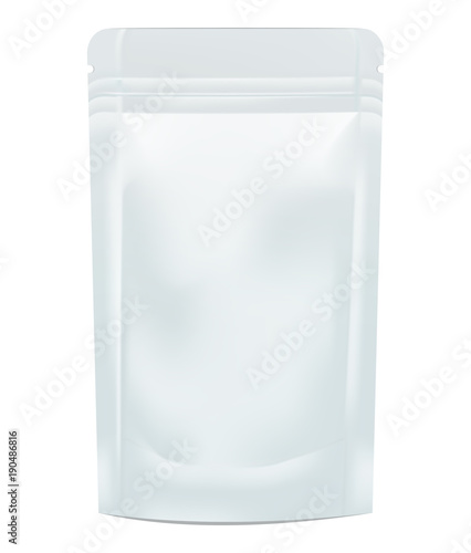 Single blank foil food or drink pouch bag on white background
