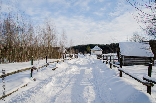 The village is snow-covered in winter