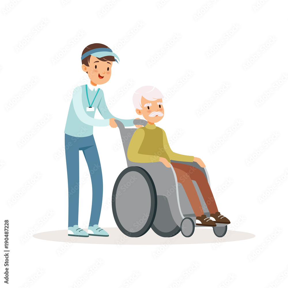 Cheerful teen boy pushing old man on wheelchair. Disability assistance. Kid volunteer in blue cap, shirt and jeans. Cartoon people character. Flat vector design