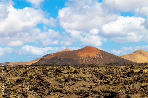 Red volcano in the Timanfaya National Park in Lanzarote, Canary Islands, Spain
