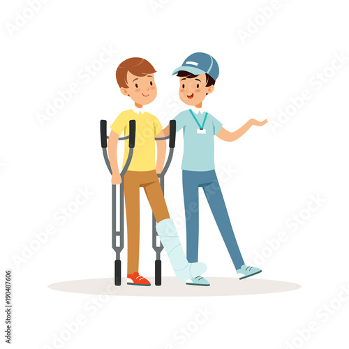 Cheerful volunteer helping boy with crutches. Leg in plaster. Social help. Activist in blue cap, t-shirt and jeans. Cartoon teenagers character. Flat vector design