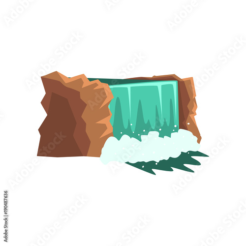 Gorgeous waterfall with clean blue water. Water source. Crystalline stream. Nature environment concept. Cartoon vector design for kids book or mobile app